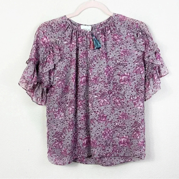 NWOT MISA LA Blouse Floral Ruffle Boho Purple Pink Tassel Top size XS - Picture 1 of 11